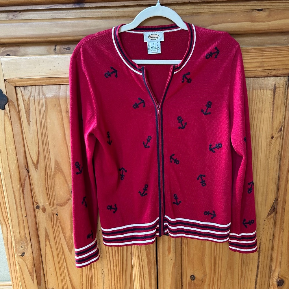Talbots Sweater Red with Anchor Embroidery Full Zip 100%‎ Cotton Women's Small